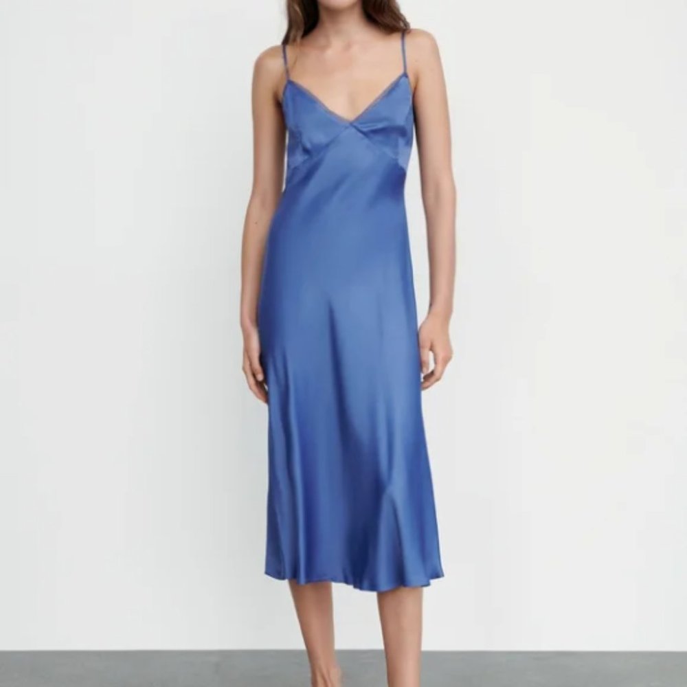 ZARA satin effect slip dress midi in indigo size Small